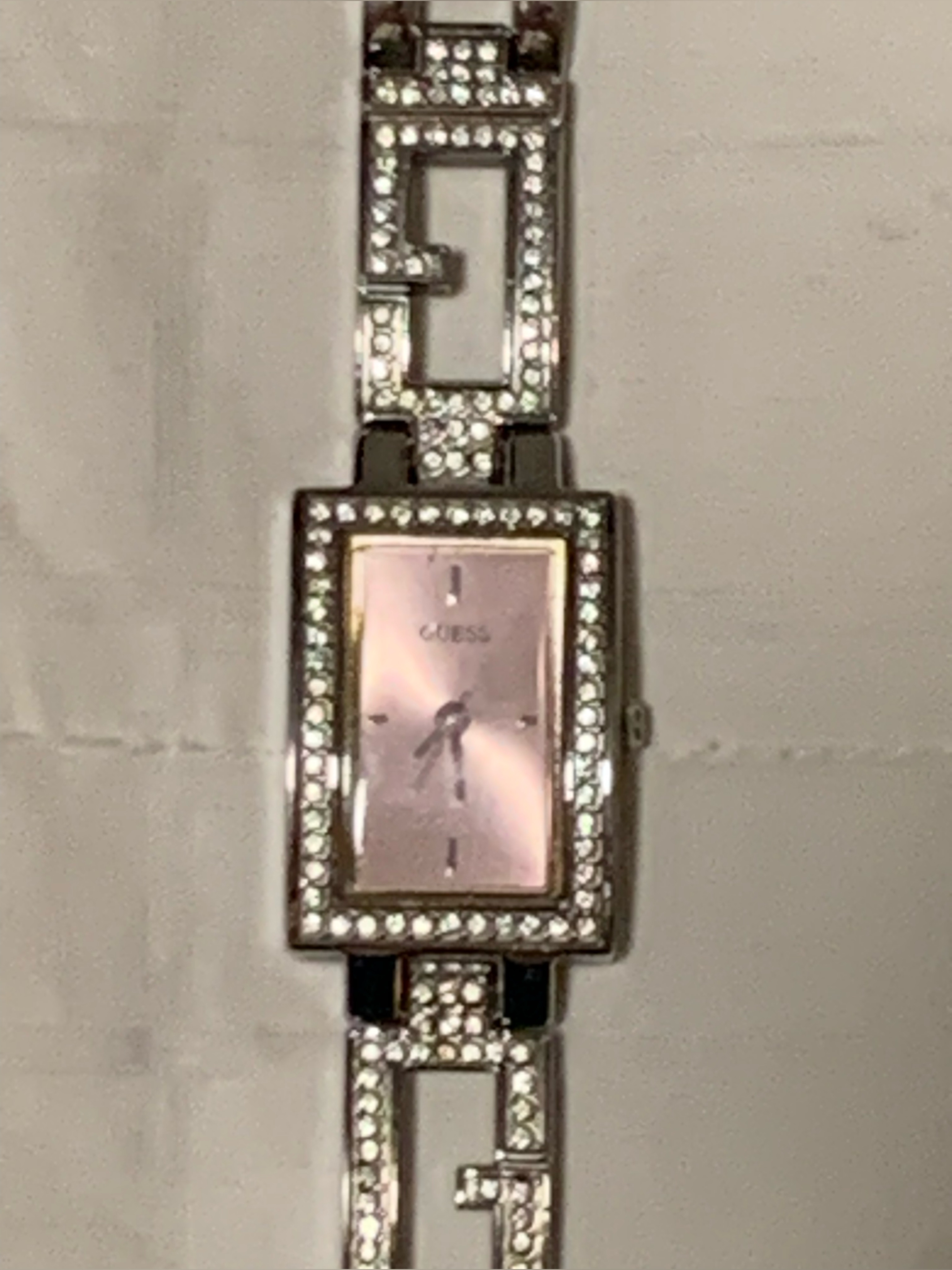 Guess Silver Crystal Bracelet Watch With Pink Dial
